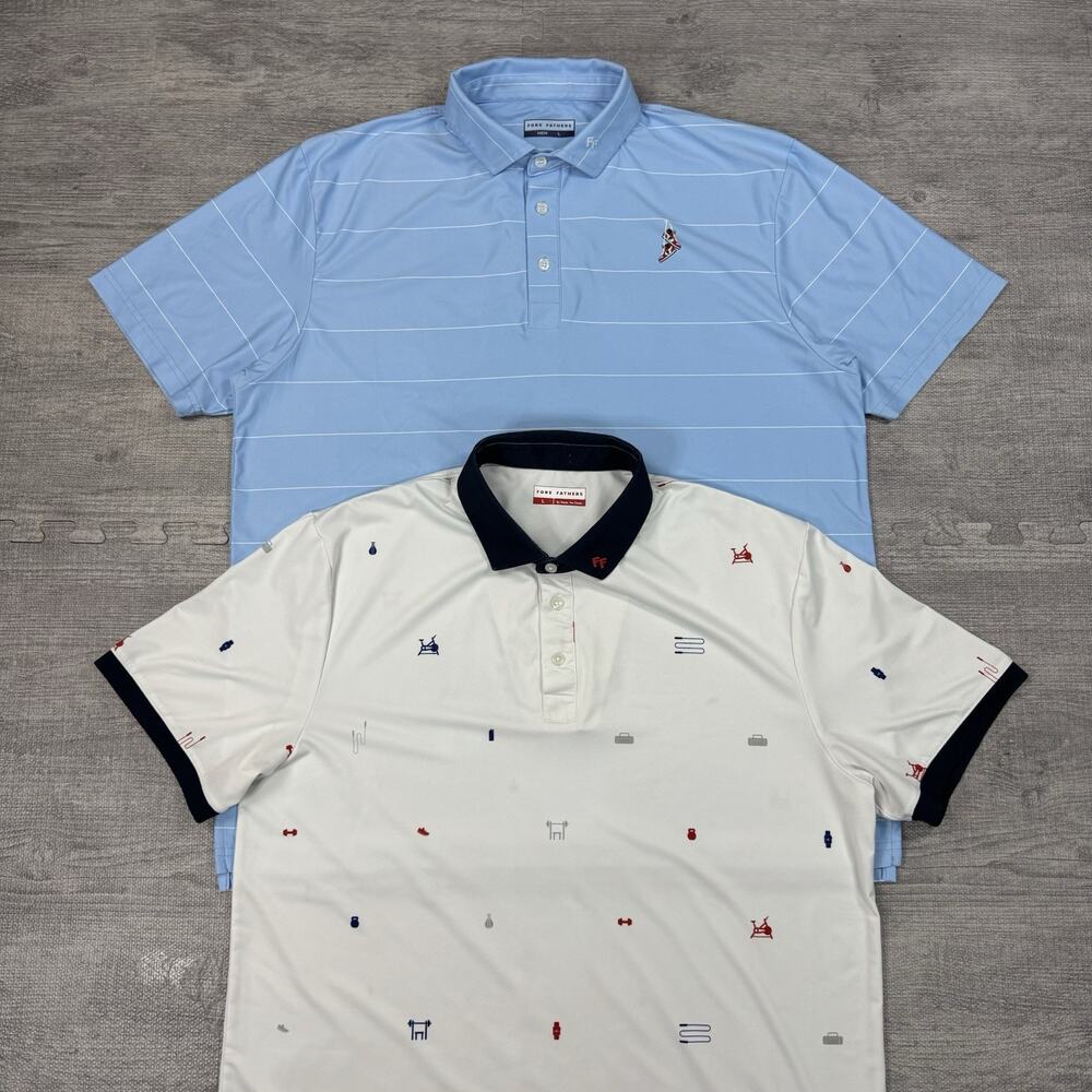 Lot Of 2 Fore Fathers Men’s L Polo Shirt Men Blue AOP Performance Preppy Golf